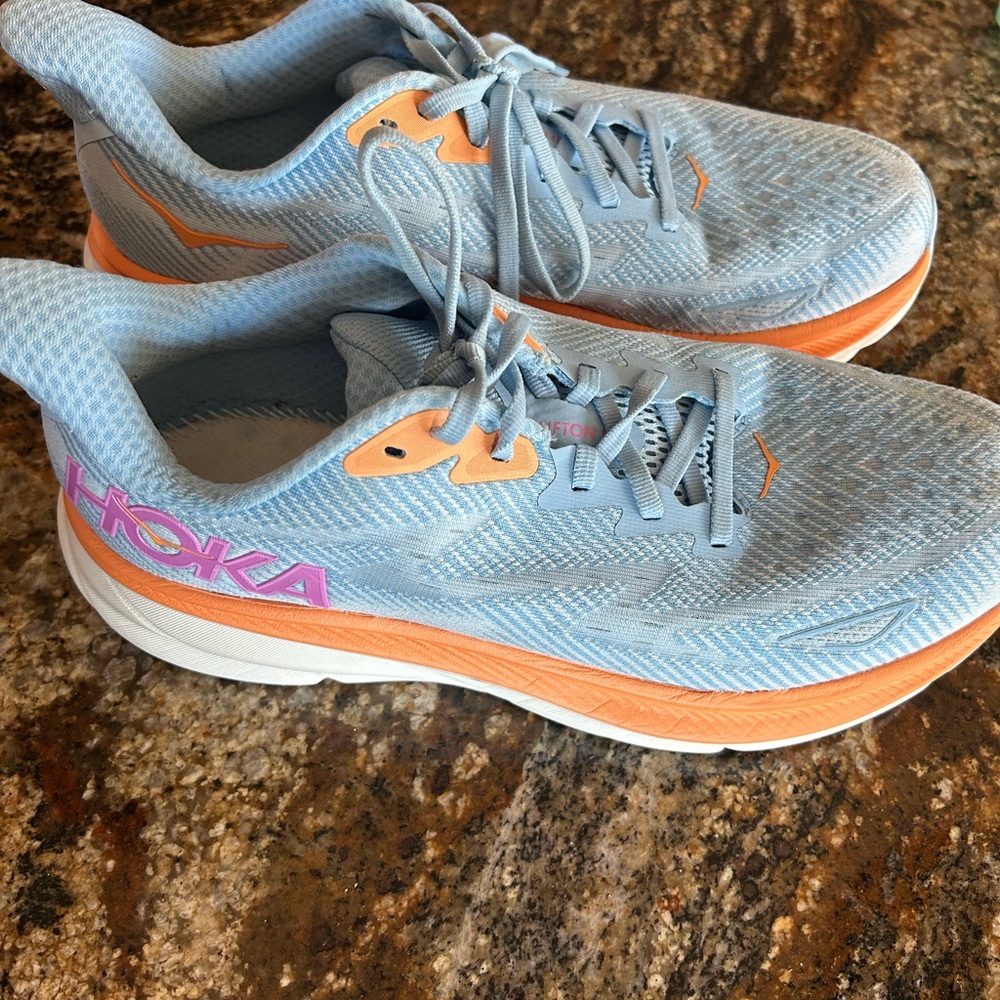 Hoka Women’s Light Blue and Peach Running Shoes
